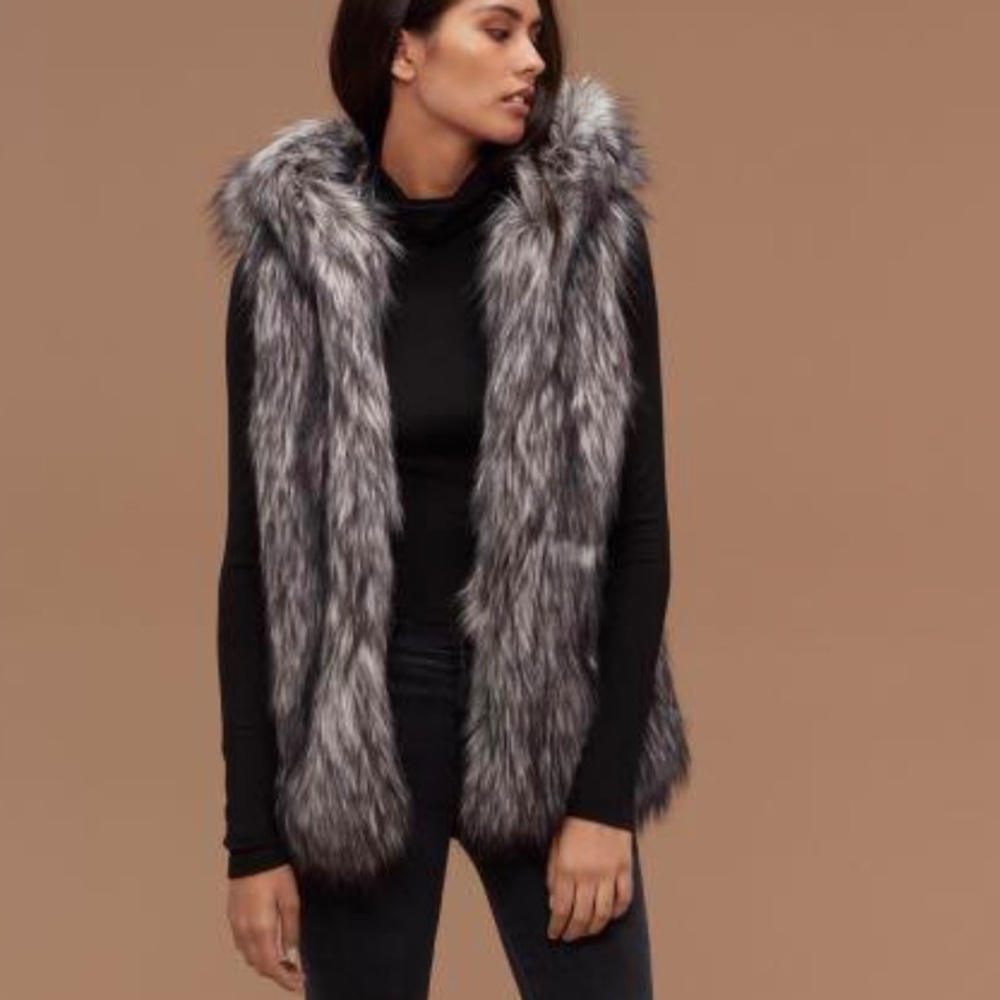 Aritzia Gray & Black Faux Fur Hooded Vest